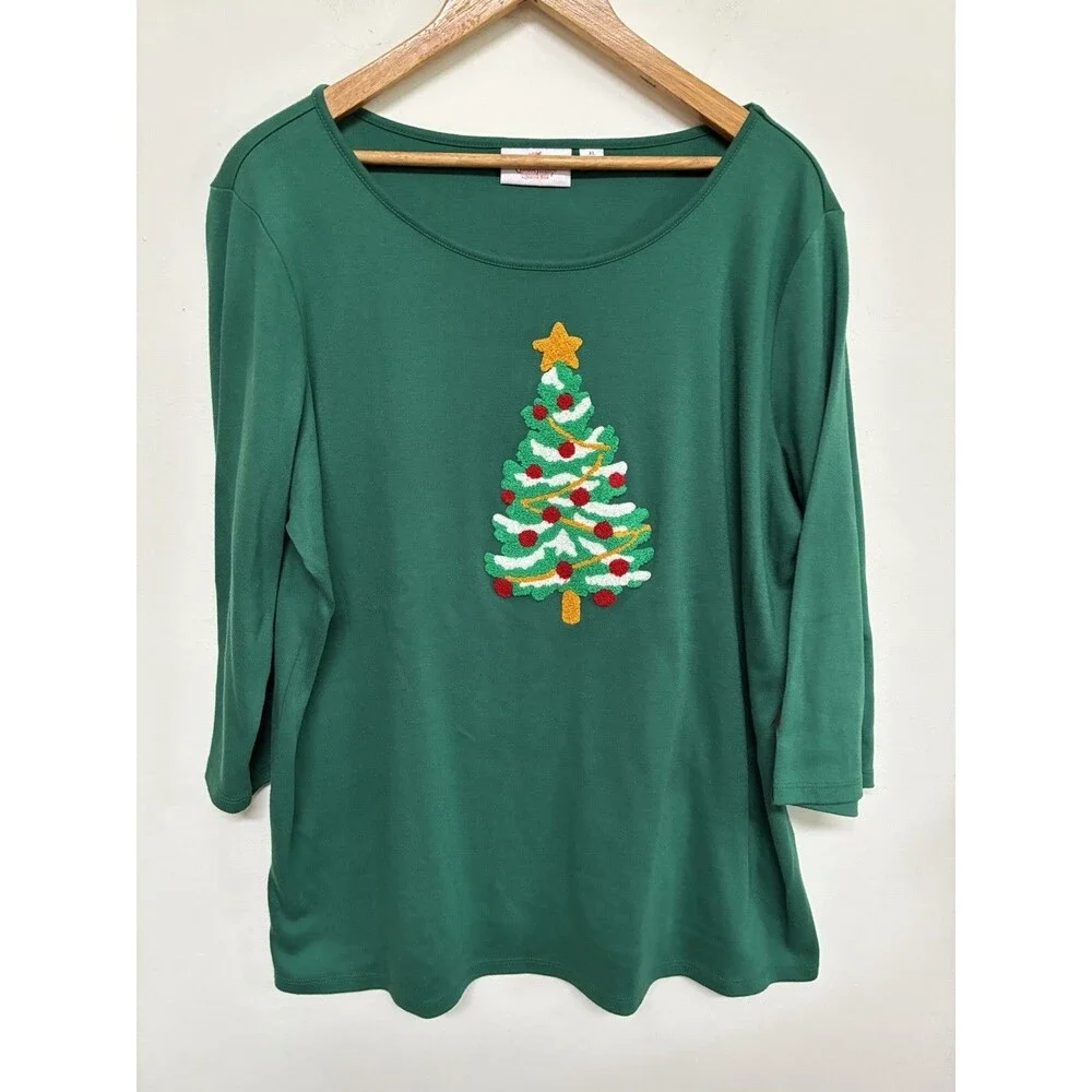 Quacker Factory Christmas Tree Blouse Women’s XL Green 3/4 Sleeve Cotton Blend